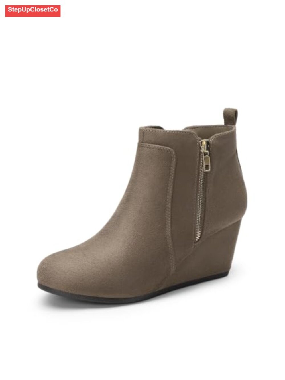 Women's Suede Low Wedge Ankle Boots Round Toe Side Zipper Booties